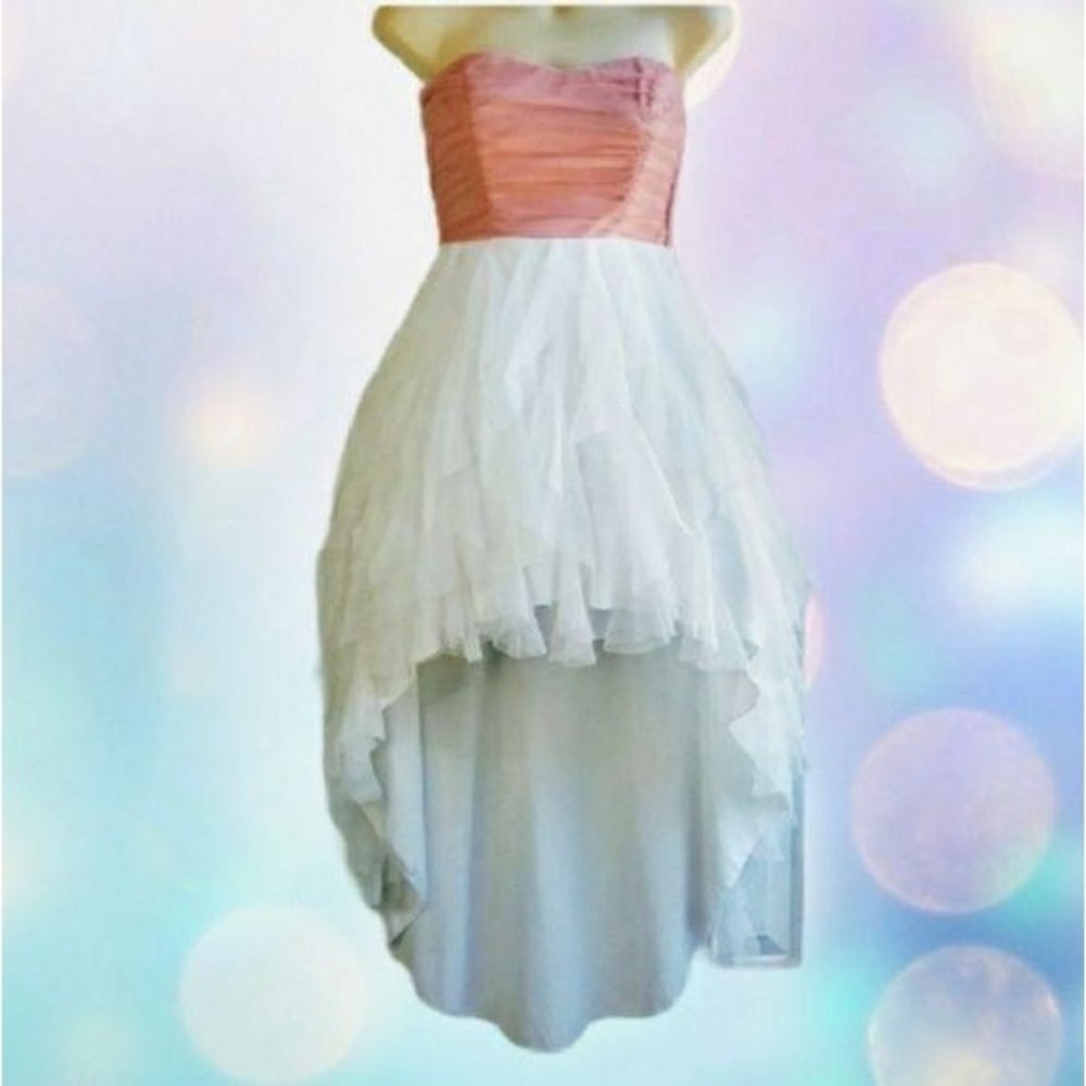 TEEZE ME Pink & White Strapless High Low Formal Prom Dress